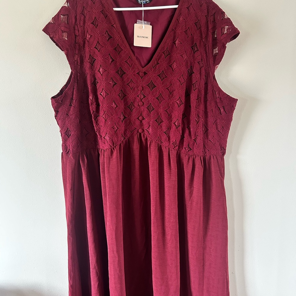 BloomChic Deep Red Lace Midi Dress